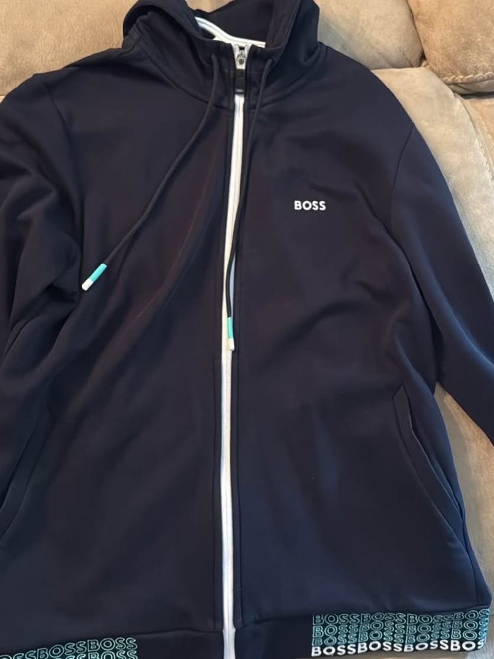 Boss Navy Hooded Zip-Up Jacket with White and Teal Accent